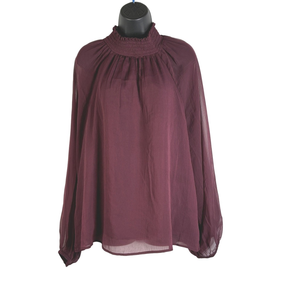 Joie Smocked Mock Neck Long Sheer Blouse Wine Red Long Sleeve Size XL Boho‎